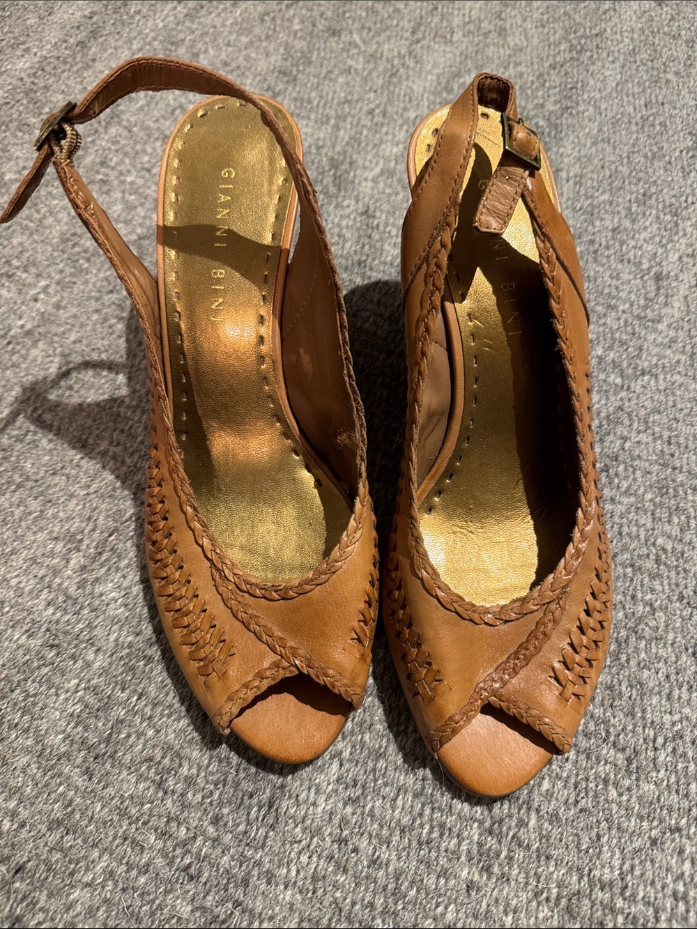 Gianni Bini Tan Braided Leather Peep-Toe Sling back wedge